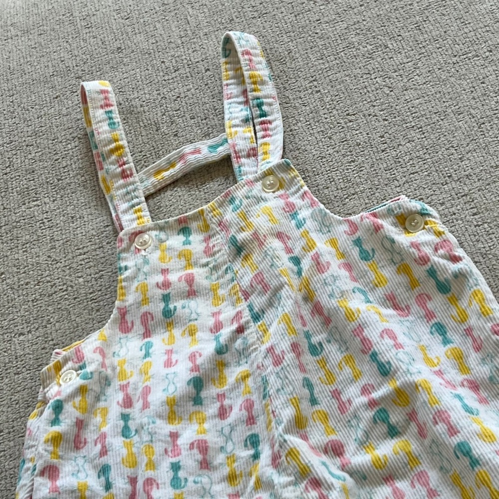 Vintage Baby Corduroy Overalls Pastel Cat Print White Dungarees Snap Size 24 Mos
